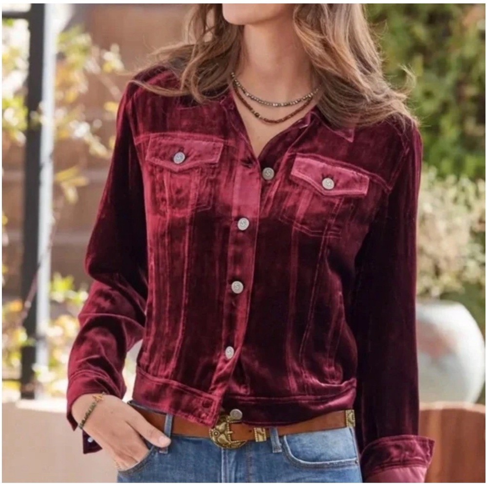 Sundance Wren II Trucker Jacket Women's XS Burgundy Velvet Silk Blend Button